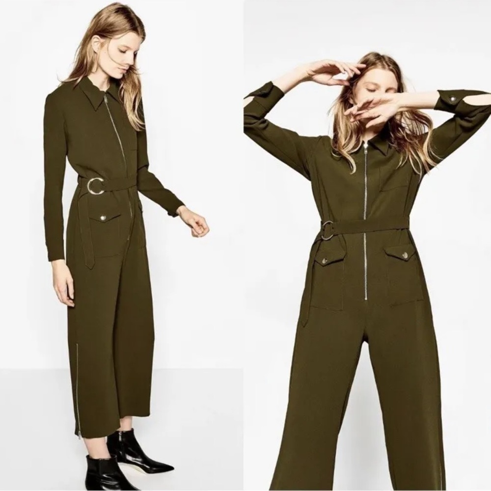 XS ZARA Khaki Jumpsuit with silver hardware details